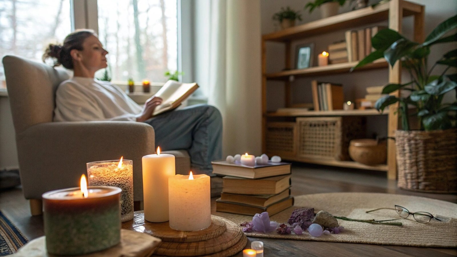 Cozy indoor setting with candles, crystals, and books, creating a sacred space for connecting to spirituality.