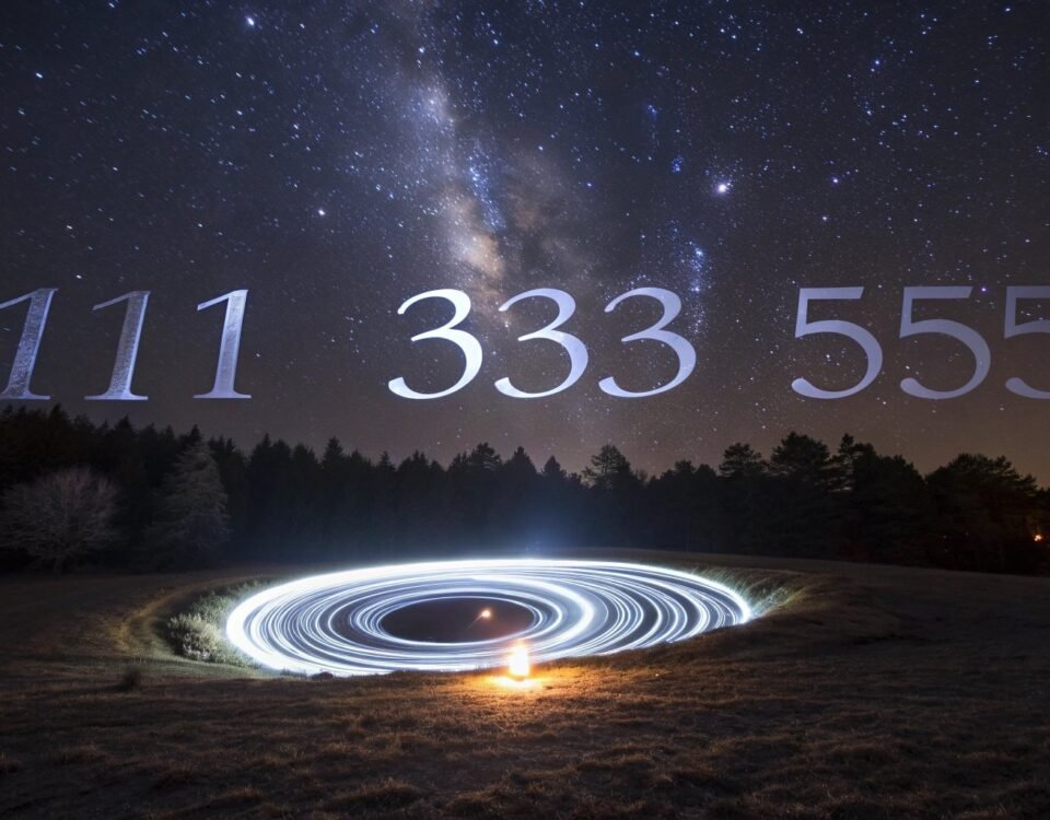 angel numbers and meanings, with 111, 333, and 555 glowing